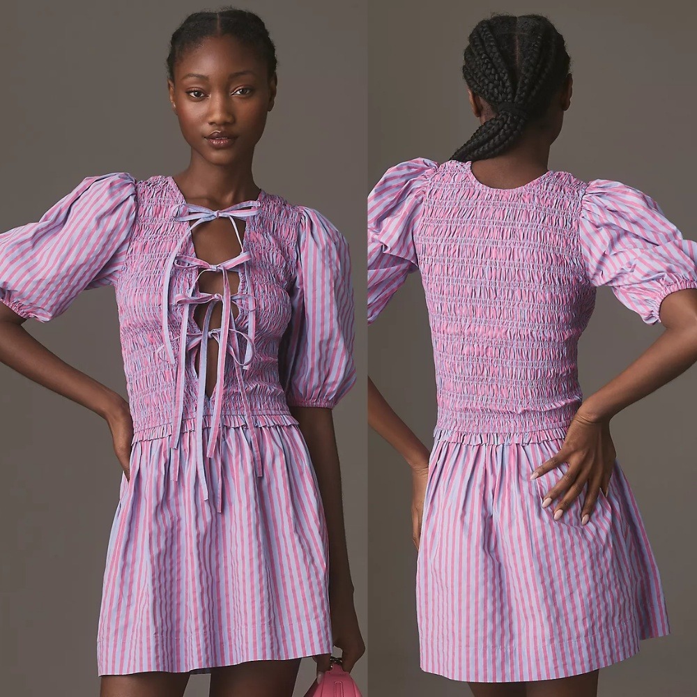 NWT Damson Madder Bluebelle Shirred Mini Dress US 6 UK 10 Pink Blue Stripe